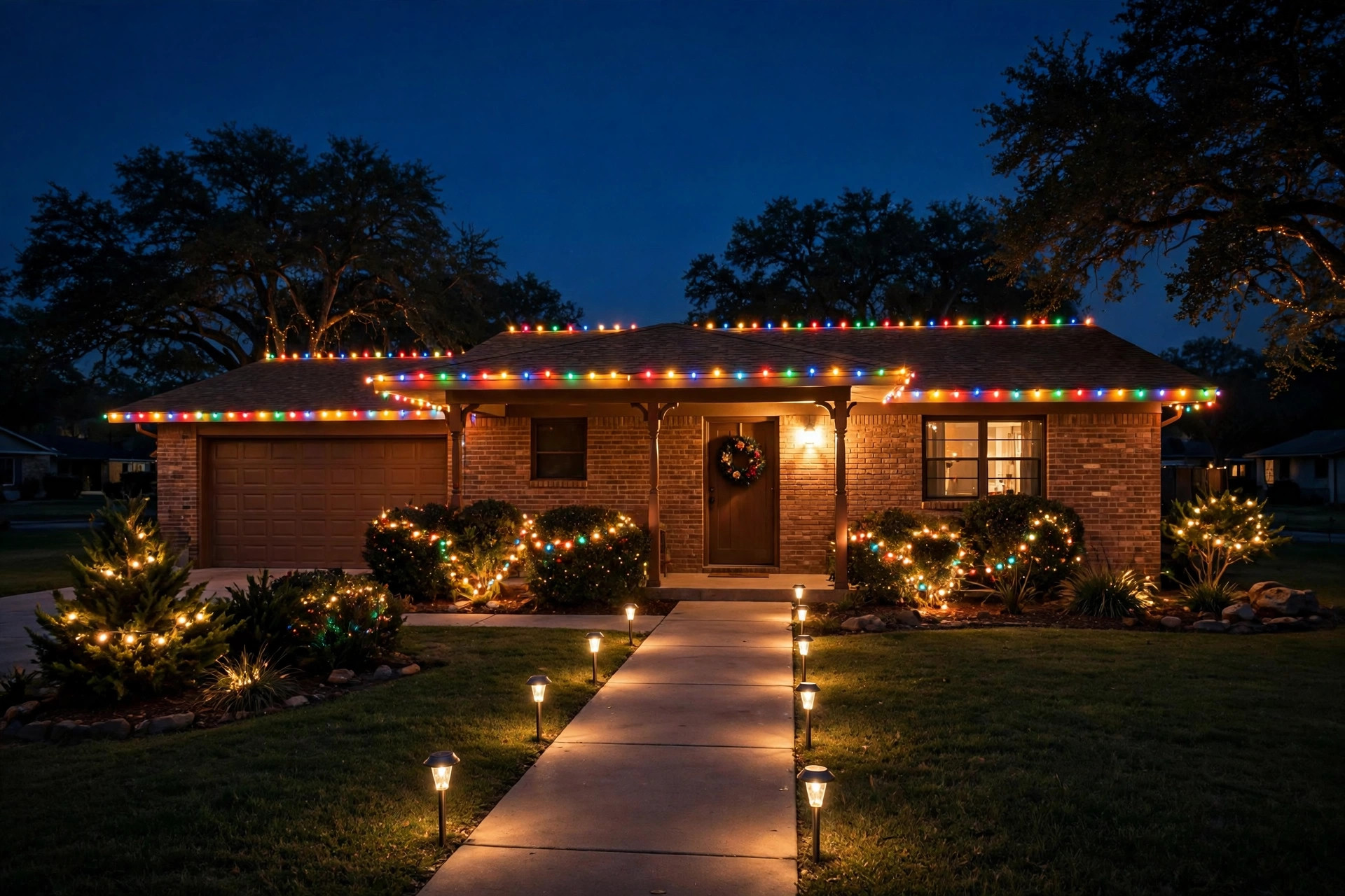 One-story ranch home with colorful Christmas lights and pathway stake lights